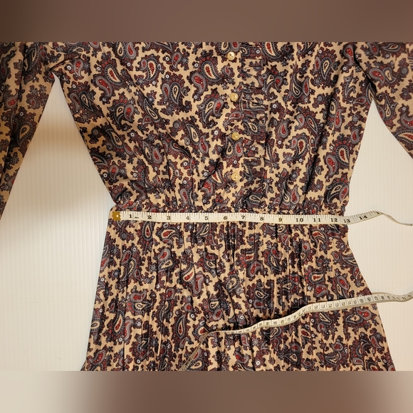 Vintage 1970s Paisley Print Drop Elastic Waist Ruffle Pleated Shirt Dress, Sz 14 - Picture 2 of 15